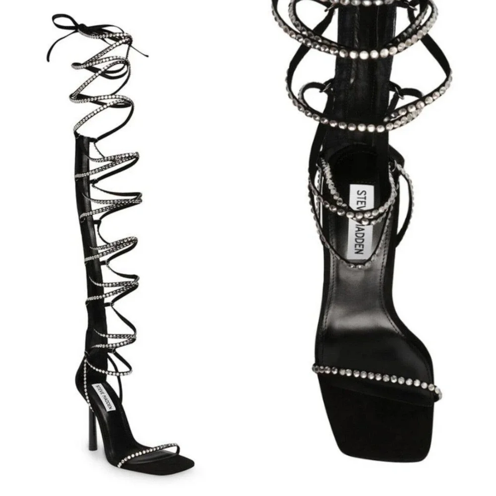 Steve Madden Sandal Heels Justyne Black Glass Rhinestone Tie Up Gladiator 7 - Picture 1 of 10